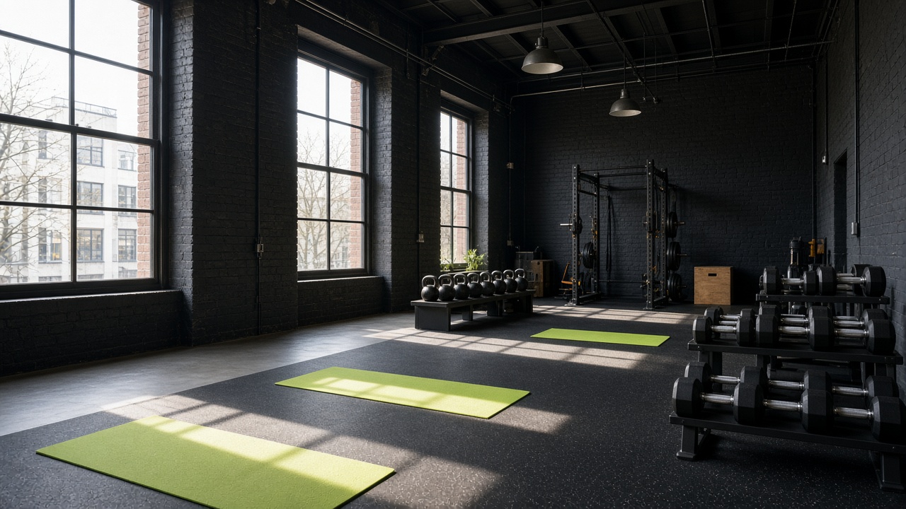 Industrial fitness studio with weights and open floor