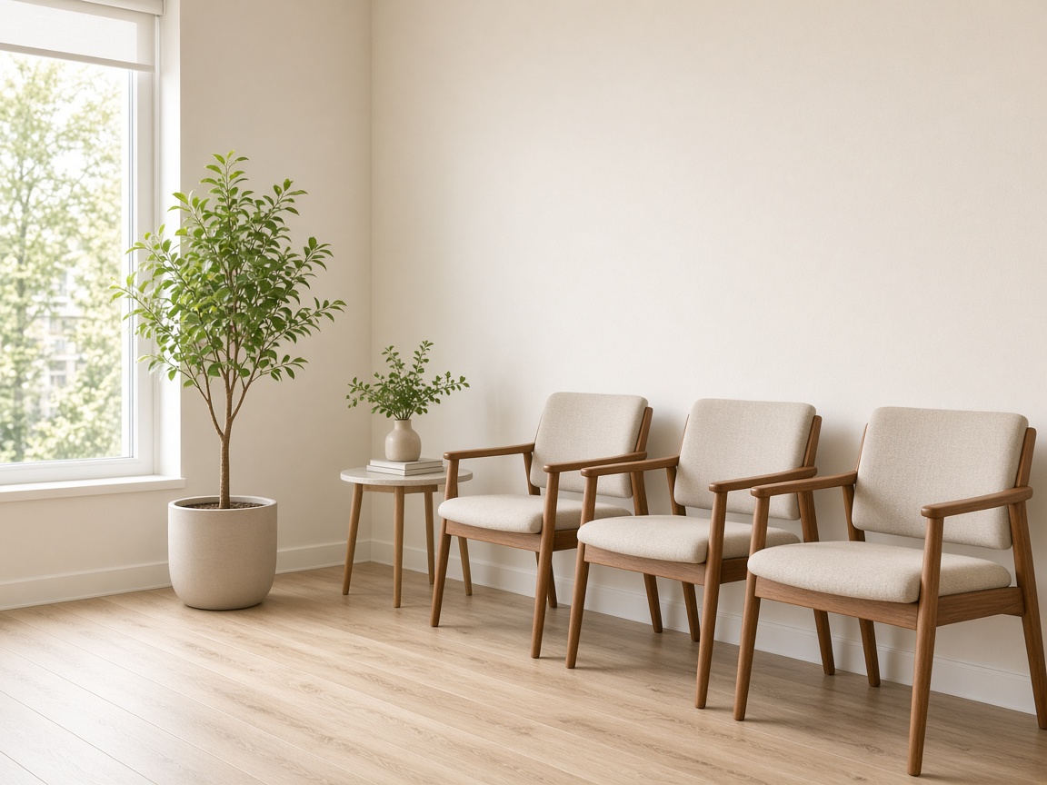 Wartezimmer mit hellen Wänden, Holzstühlen und einer Pflanze