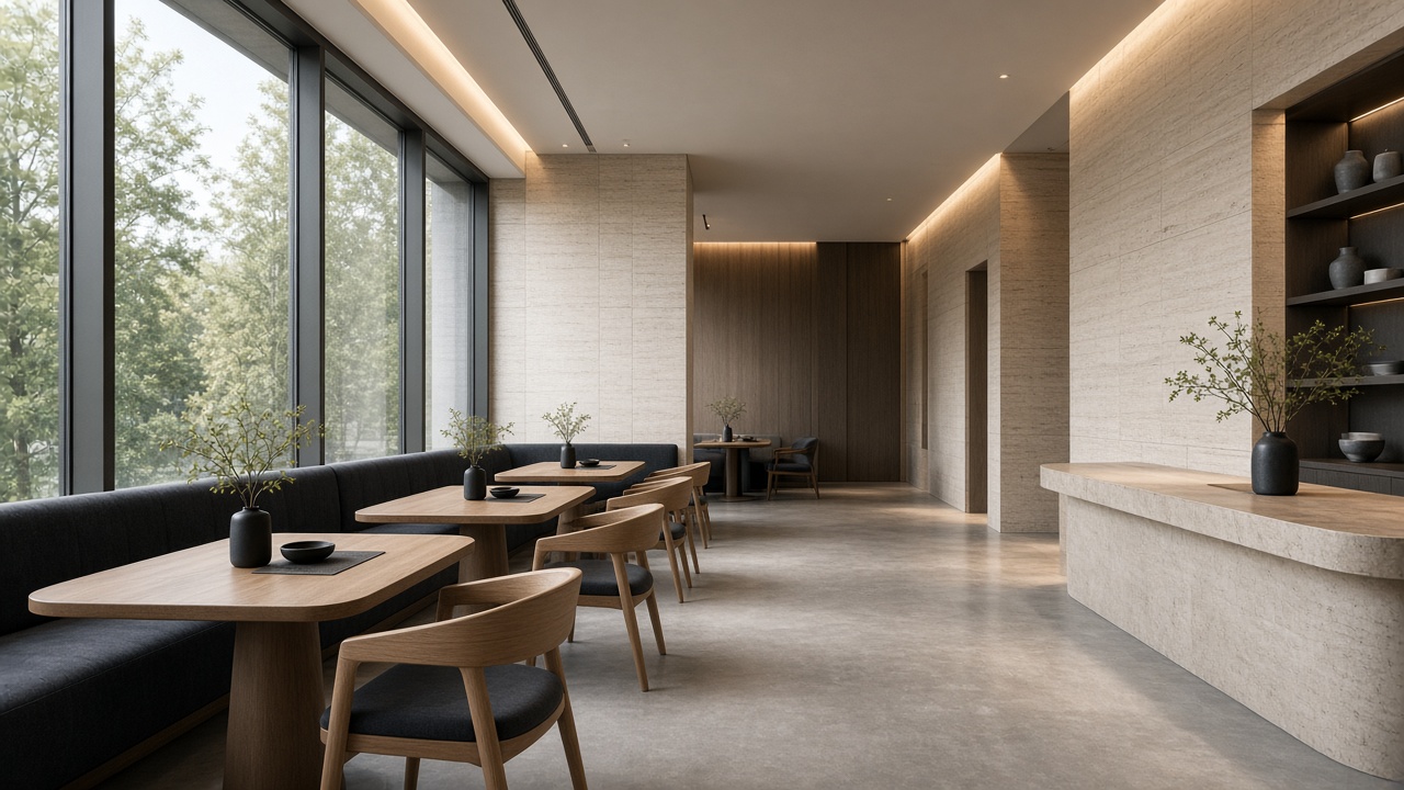 Bright modern café interior with oak tables and stone walls