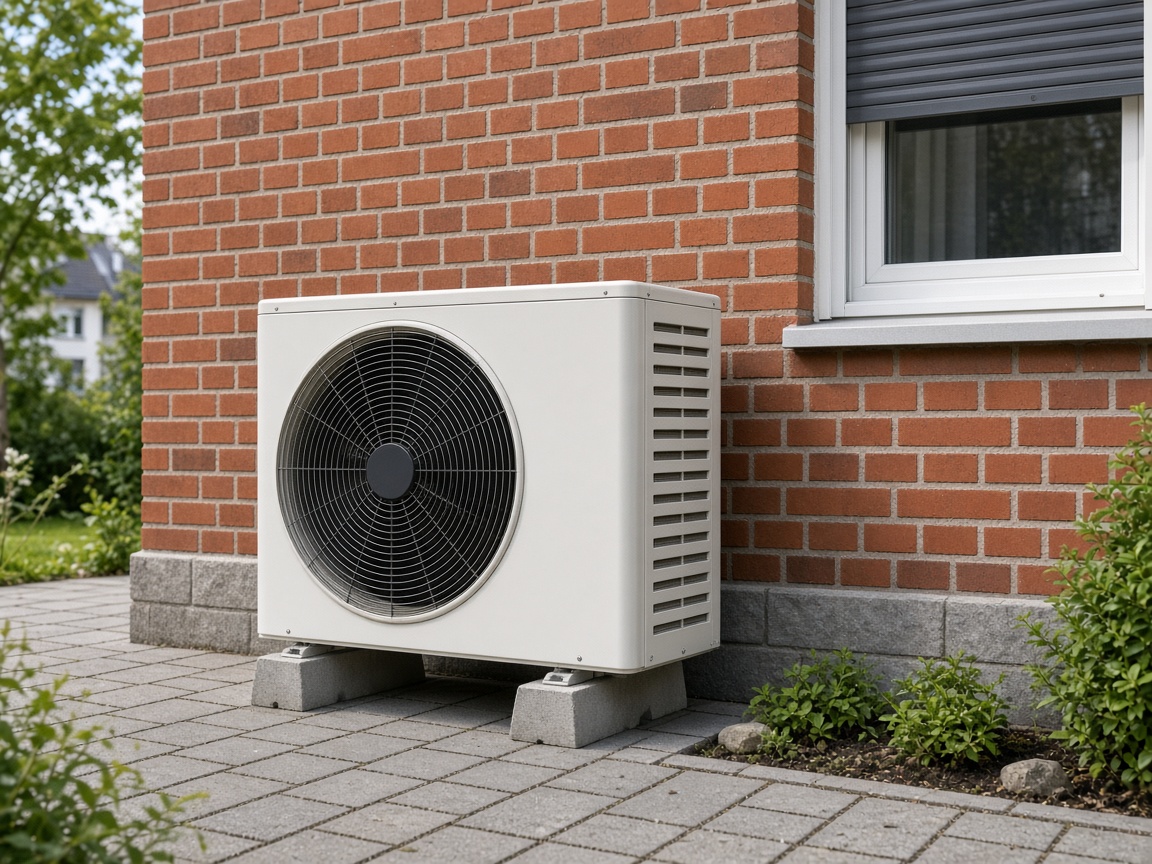 Außeneinheit einer Wärmepumpe an einer Hauswand