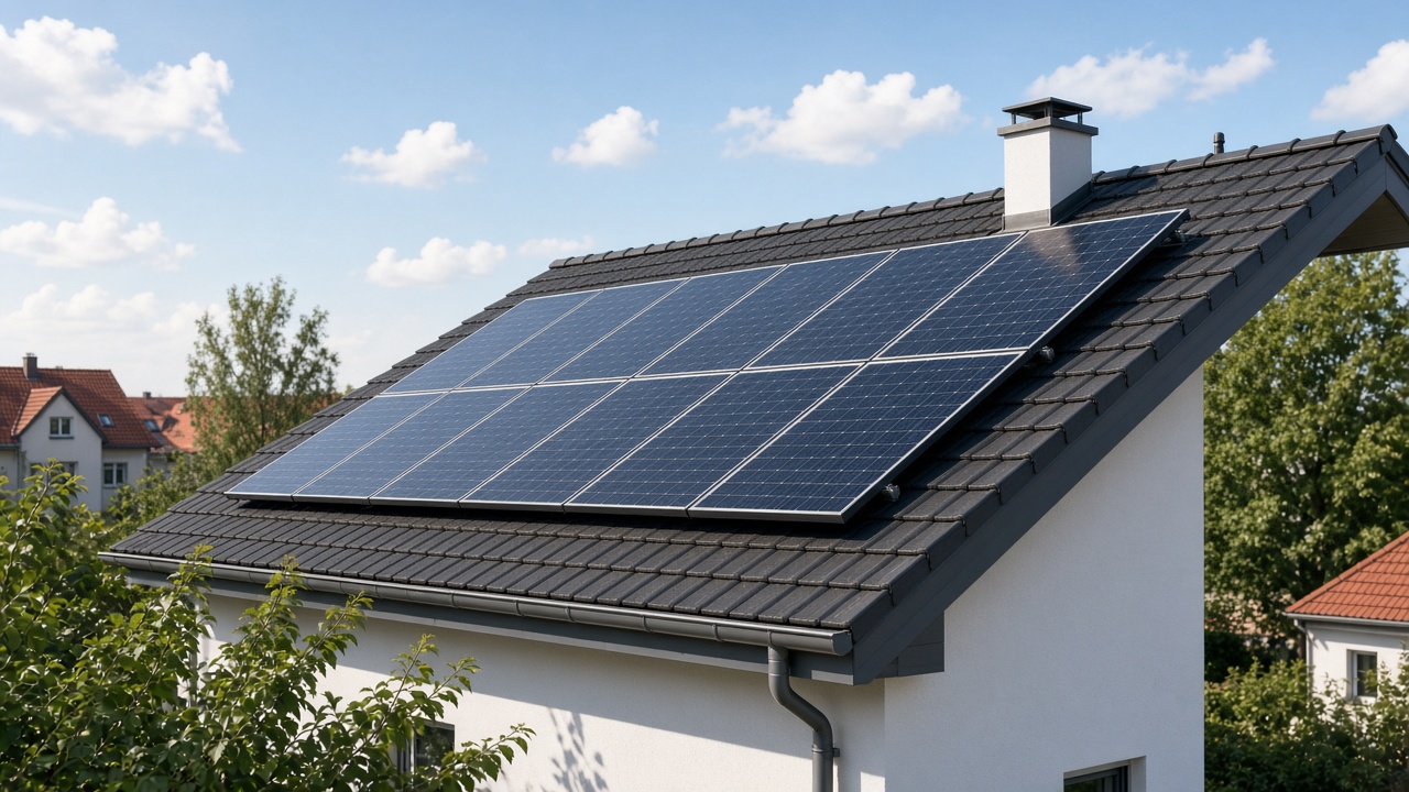 Photovoltaikmodule auf dem Dach eines Wohnhauses